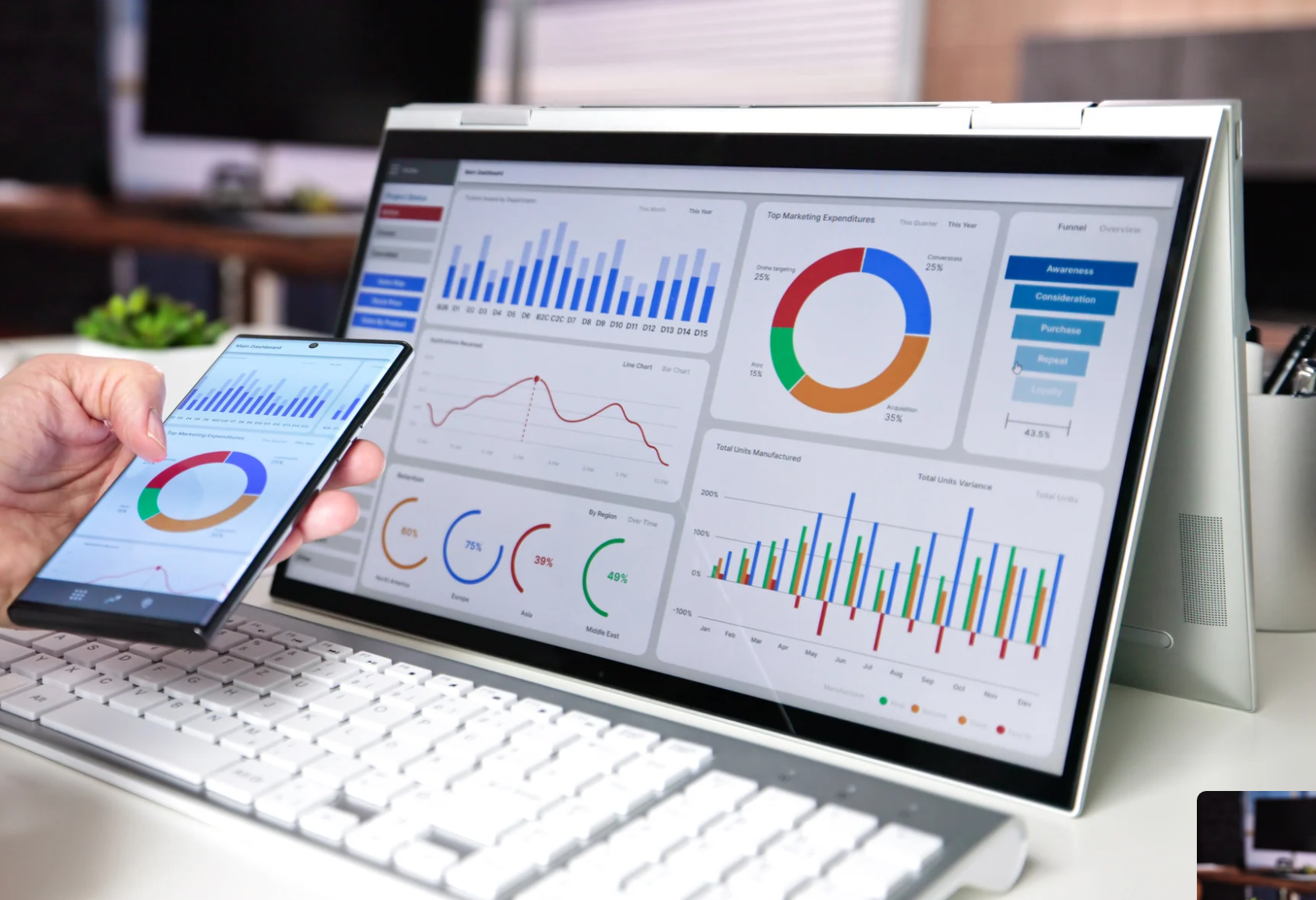 Phone and Tablet displaying data visualisations