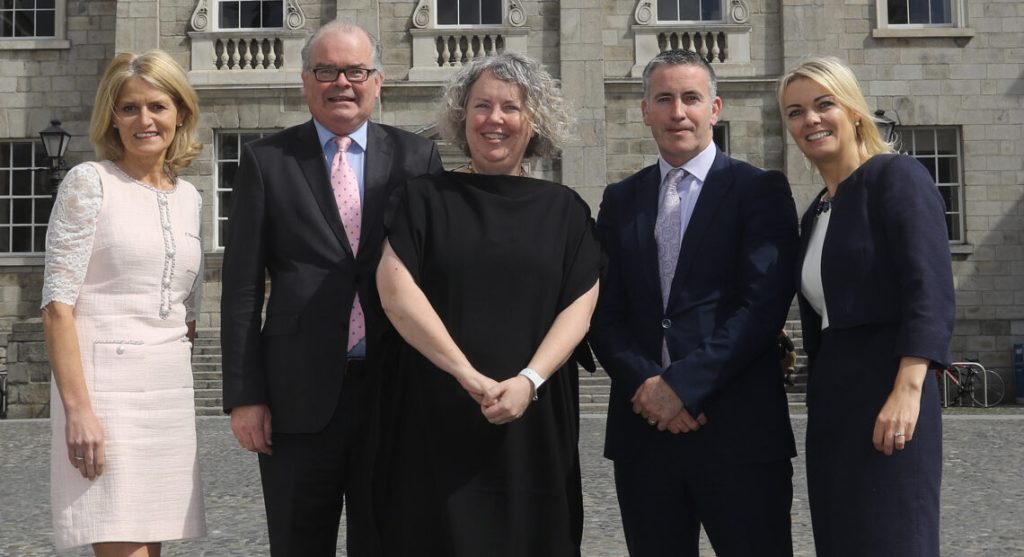 Minister of State for Business, Employment and Retail Mr. Damien English T.D.; Trinity College Dublin Provost Dr. Linda Doyle; and Learnovate Centre Director Nessa McEniff in Trinity College Dublin